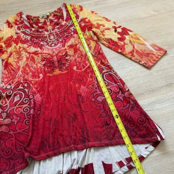 Vibrant One World Red and Yellow Abstract Floral Rhinestone Embellished Tunic - Picture 6 of 11